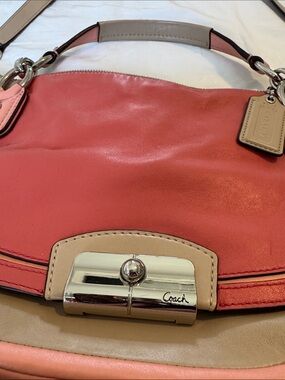 Coach Leather Crossbody Satchel in tan, coral and pink.
